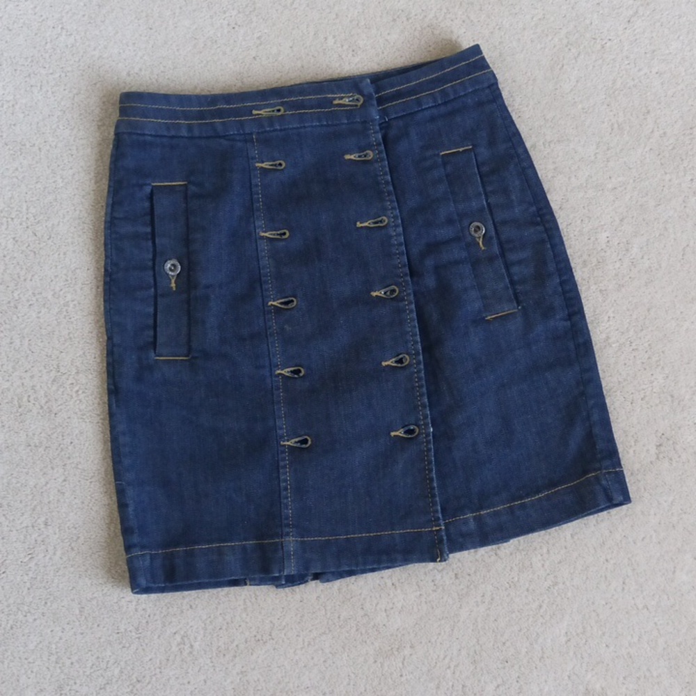 W26" French Connection Heavy Denim Jean Wrap Skirt With Double-Buttons & Pockets